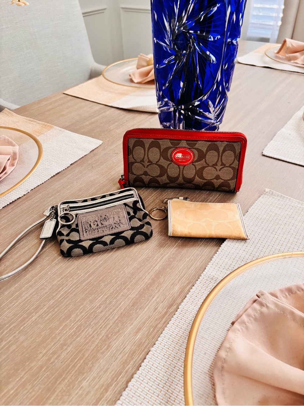 Coach Brown Signature Zip Wallet with Orange Trim and Logo Patch and wristlets